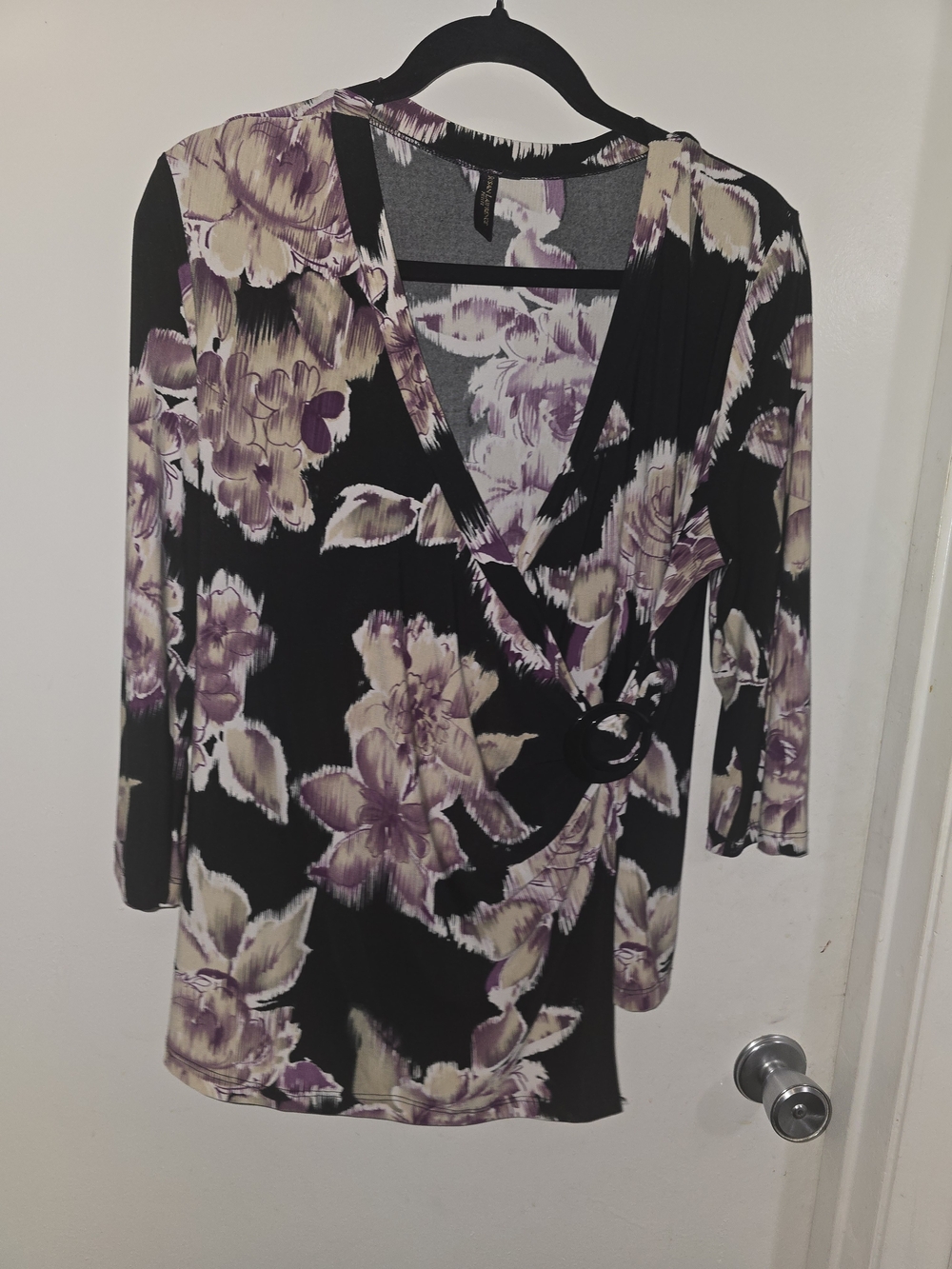 VTG Susan Lawrence Black Wrap-Style Tunic with Lavender and Cream Floral Print